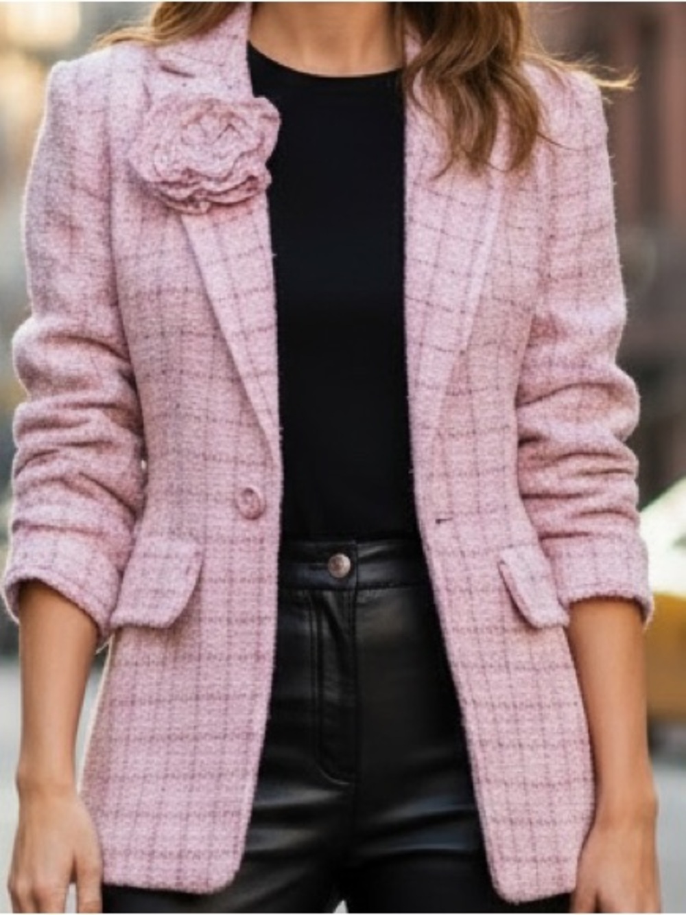Cinq à Sept Pink Boucle Tweed Rosette Blazer Raw Edge Trim | Size 8
